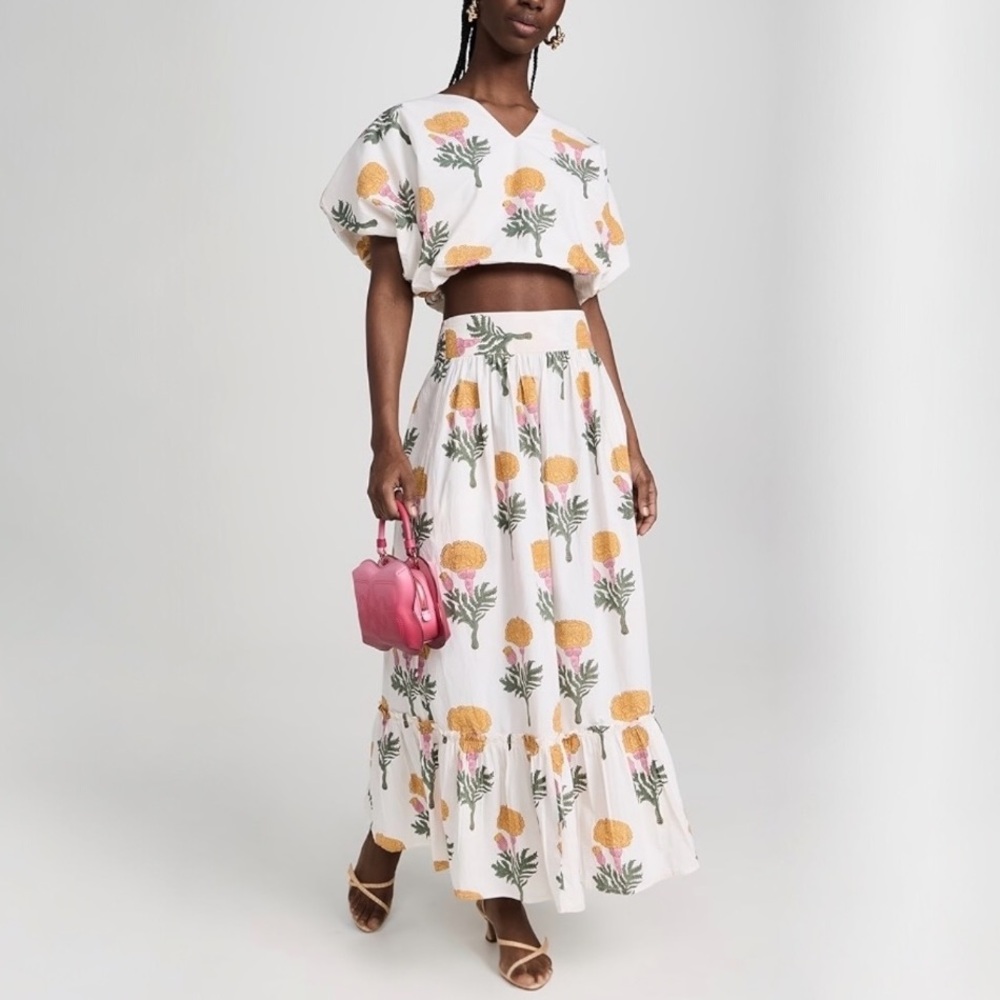 New! MAREA by Liz Joy Marigold Print 2-PIECE Maxi Skirt Top Co-ord Set Size XS